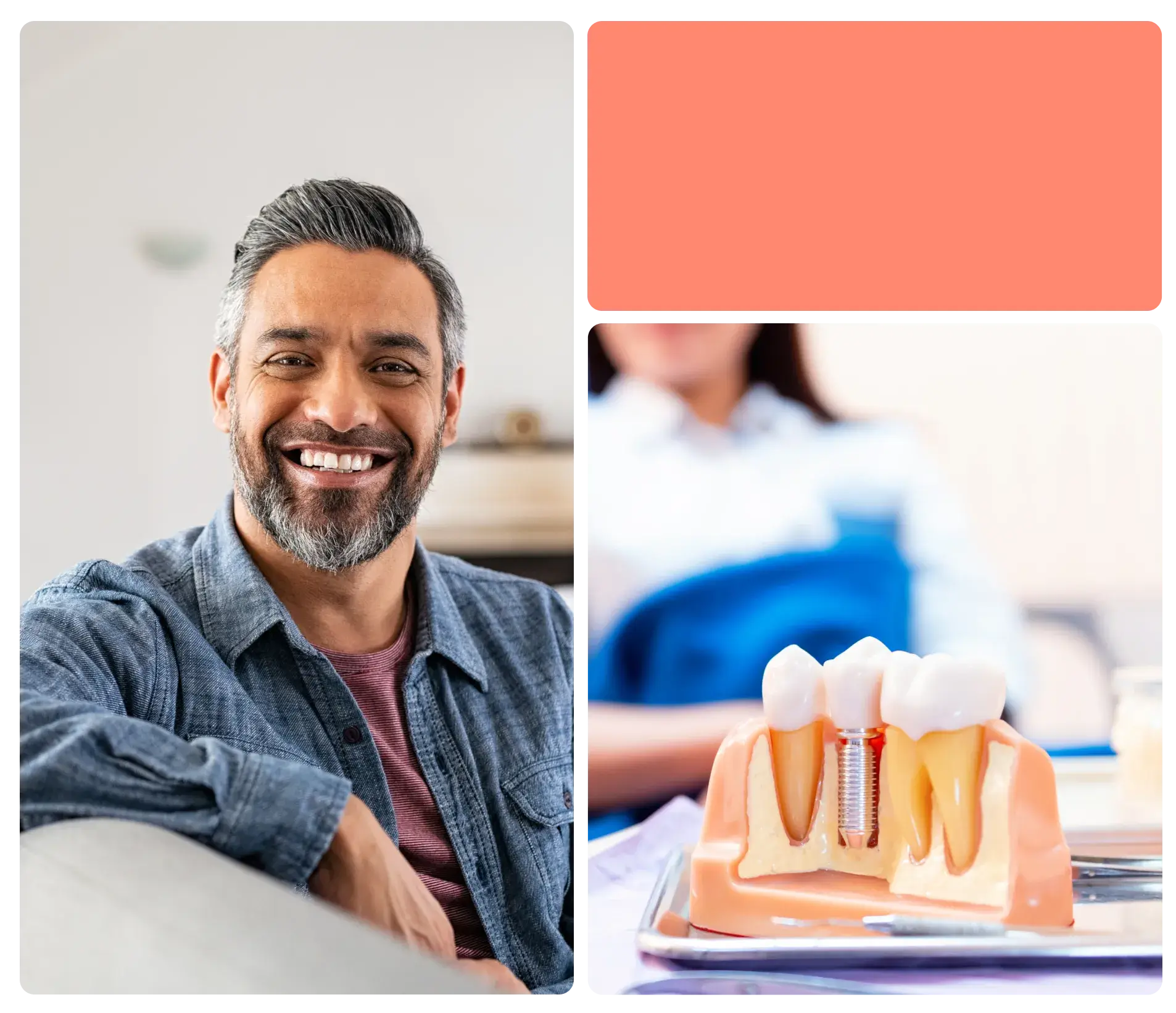 Collage of man smiling and a 3D model of a dental implant