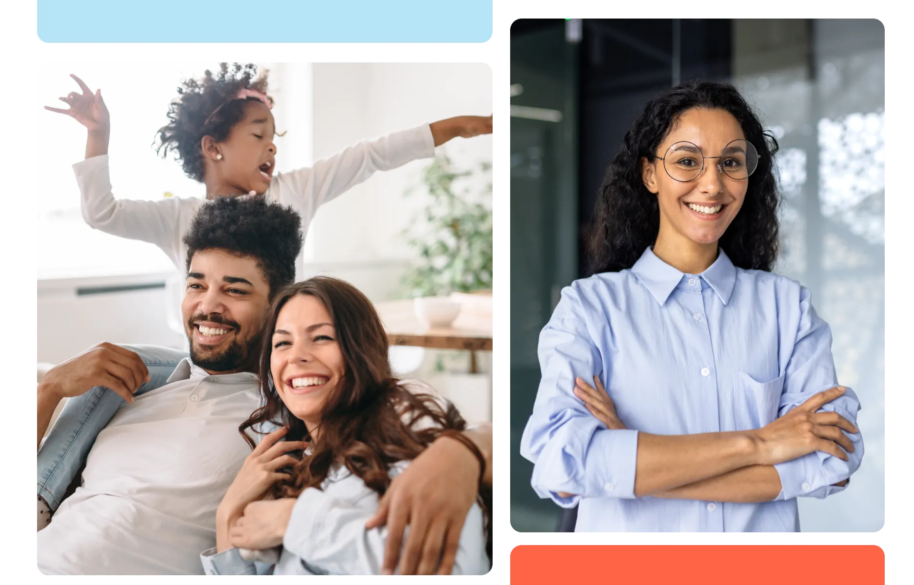 Collage of an image of a woman smiling and a family